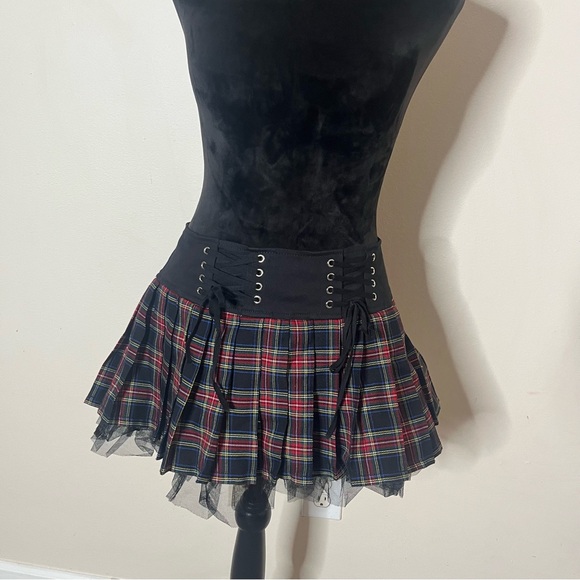 Royal Bones Daang Goodman Tripp Tartan Plaid Black Pleated Tulle Mini Skirt Sz M - Picture 3 of 10